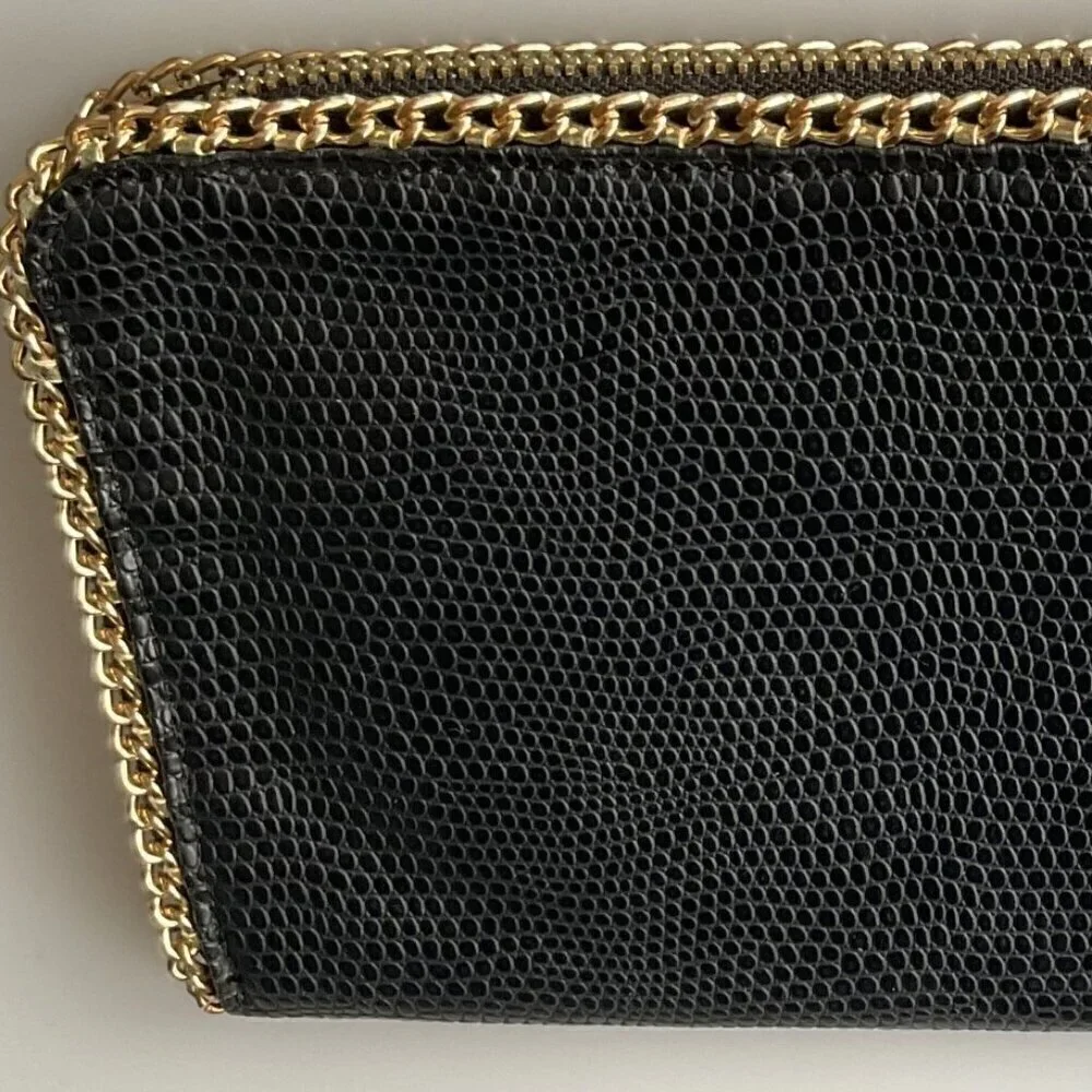 BLACK FAUX  SNAKE SKIN CLUTCH PURSE WITH  GOLD CHAIN DETAIL